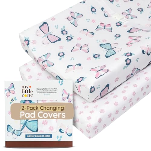 Baby Diaper Changing Pad Covers Table Sheets 32'x16', 8'Deep Pocket - Floral Changing Pad Cover, 100% Cotton Baby Girl Butterfly Nursery Change Pads Sheets 2 Pack, Designed in France, White-Light Pink