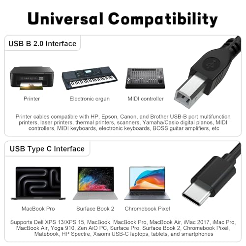 Zosvoses USB B to USB C Printer Cable Compatible with HP, Epson, Canon, Brother, MIDI Cable for Yamaha Casio Digital Piano, MIDI Keyboard, DJ Controller, DAC to iPad, MacBook Pro, Air (78, Inches)