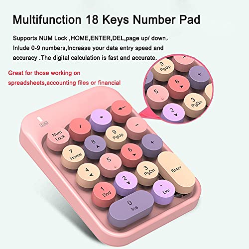 Alkem Wireless Number Pad 2.4Ghz Wireless Numeric Keypad Retro Style Round Keycaps Numpad 18 Keys Portable Number Keyboard With Usb Receiver For Laptop, Notebook, Surface, Mac, Pad (Pink) #TOP2