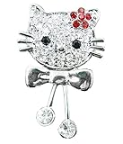 Sparkling Silver Tone Kitty Brooch with Red Flower Bow