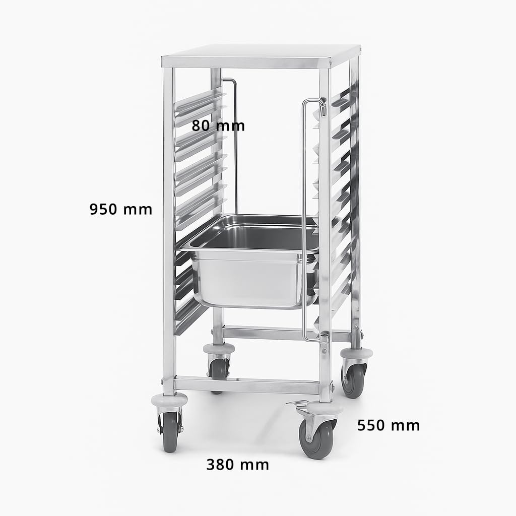 Chariot GN 1/1 – Échelle Porte-Plateaux 7 Niveaux en Acier INOX – pour Cuisine Professionnelle, Boulangerie, Restaurant, Collectivité – roulettes Pivotantes avec Freins