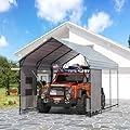 Prime Garden 10x15 ft Metal Carport, Heavy Duty Car Port with Galvanized Steel Roof and Stable Base, Outdoor Garage Shelter with Storage Pocket for Car, Boats and Truck