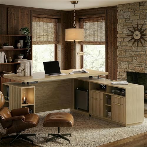 Image of 70 Inches L Shaped Executive Standing Desk, Electric Height Adjustable Desk with File Cabinet, Computer Corner Table with AC /USB and Privacy Panel for Home and Office, Light Walnut