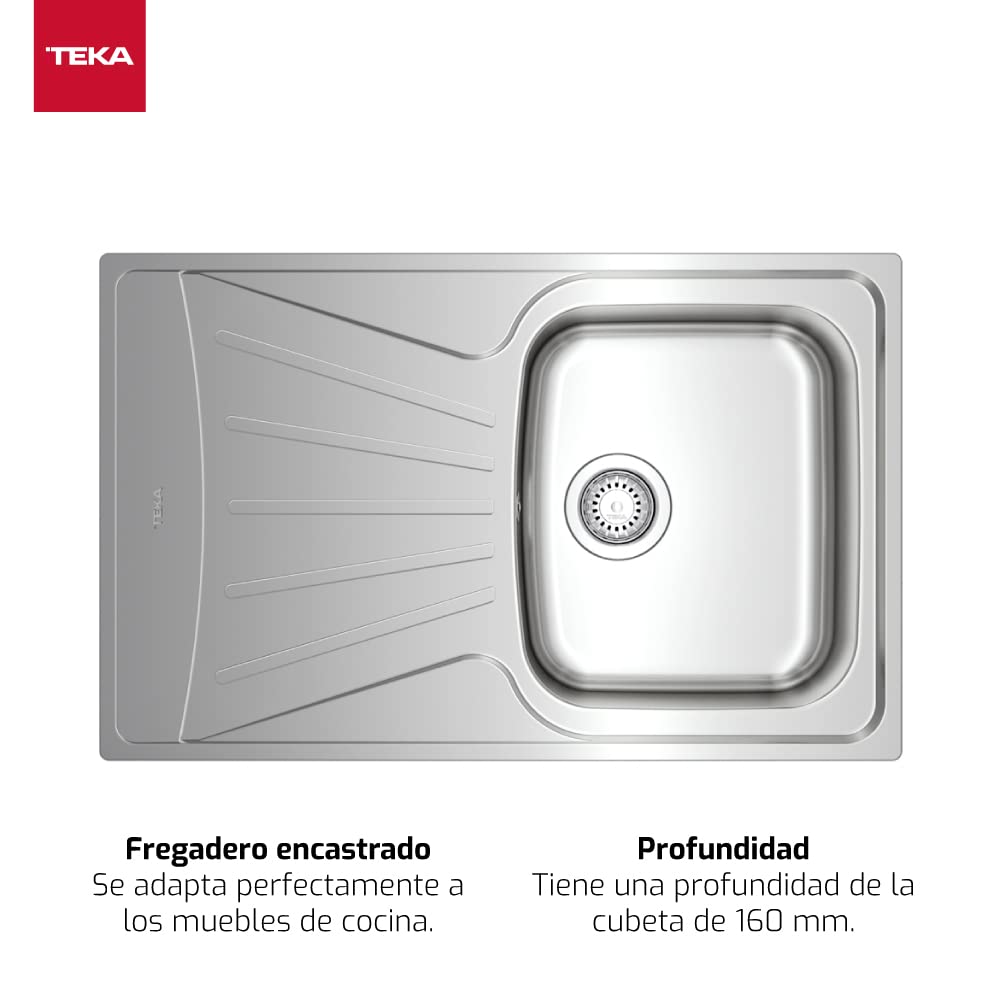 Teka Starbright 45 E-XP 1C 1E - Fregadero de 45 cm, Izquierda Encastrado, 1 Cubeta y Escurridor, Desagüe con Válvula Manual, Instalación por Encastre, Color Acero Inoxidable
