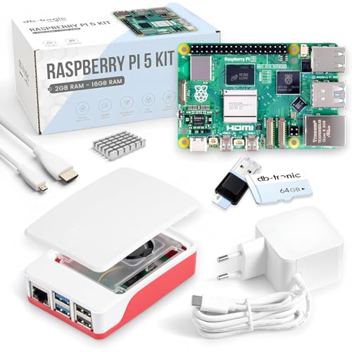 Raspberry Pi 5 1 GB Starter Kit Official USB-C 27 W Power Supply Official Case with Fan 64GB Memory Card USB Card Reader Micro HDMI Cable