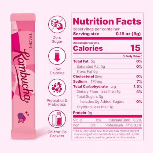Image of TEAZEN Berry Kombucha Tea, Hydration Drink Mix, Sugar Free, Live Probiotics & Prebiotics, 30 Sticks, 5.29oz
