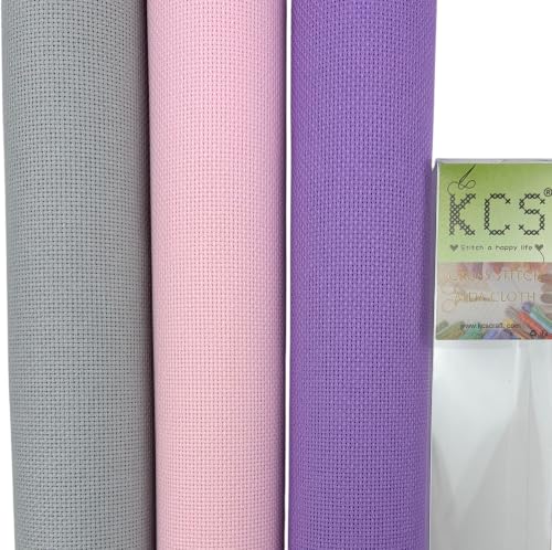 Image of KCS 3 pc of 15 inch x 18 inch(38cmx45cm) 18 Count Cross Stitch Cotton Aida Cloth Needlework Rolled Fabric Box,18CT,Light Grey+Pink+Lavender