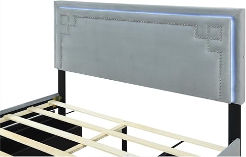 Miniatura 86 de Base de cama flotante tamaño Queen con luces LED y carga USB, marco de cama LED de plataforma tapizada moderna, no necesita somier (blanco-1)