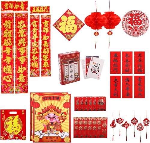 Chinese New Year Decorations Set,56 Chinesisch Neujahr Dekorationen,Frühlingsfest Party Deko Hong Bao Couplets Papier Rote Laterne Chinesische Fu Charakter Fensteraufkleber Hängende Dekor