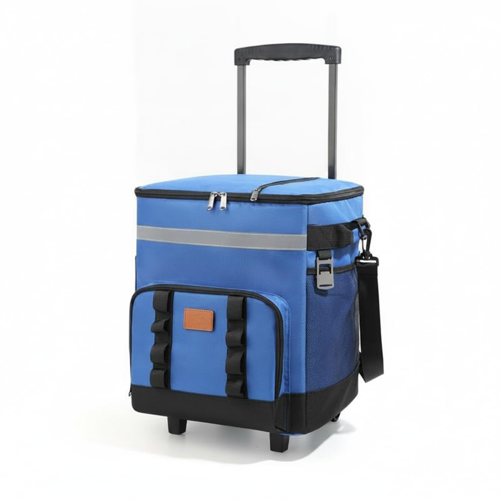 Isolierte Transportbox Kühlbehälter Lebensmittelcontainer Thermotasche mit Innenfutter aus PVC Und Strapazierfähigem Stoff mit Rollen für Picknick Camping Strand Einkauf Essenslieferung, Blau