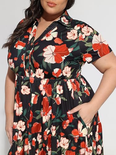 Image of CARCOS Plus Size Dresses for Curvy Women Collared Vneck Short Sleeve Dresses Midi Summer Ruffle Dress with Pocket XL-5XL