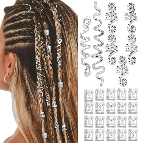 VENOFEN 27PCS Silver Hair Jewelry Metal Braids Clips Cuffs Loc Dreadlock Beads Snake Spiral Pirate Viking Accessories for Women and Girls