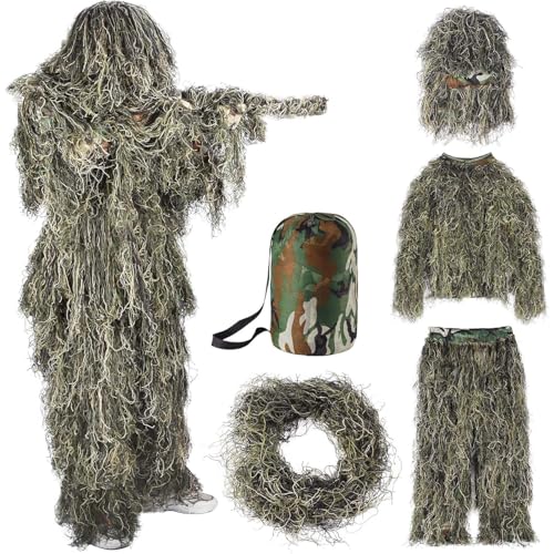 SOROVEE Ghillie Suit, 5 in 1 Ghillie Suit for Men Including Jacket, Pants, Hood, Camouflage Strap and Carry Bag, 3D Camouflage Hunting Apparel, Suitable for Adults/Youth/Kids Hunting, Military