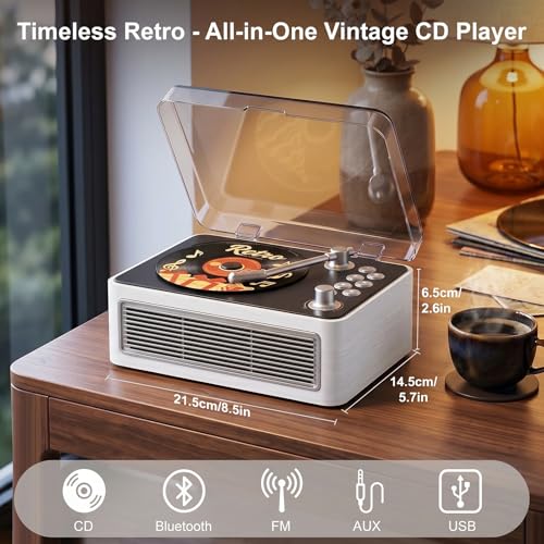 Image of Gueray Retro CD Player Portable Bluetooth CD Players with Speakers Vintage CD-Player 3600mAh Rechargeable & Radio & Remote Control Support USB /AUX Playback Headphone Jack (Walnut Color)