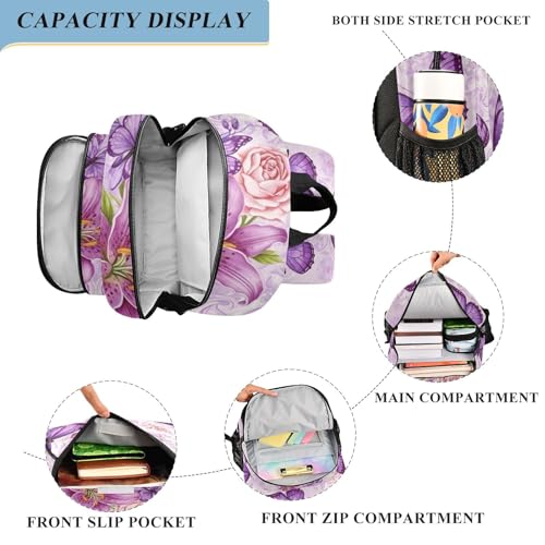 Kids Backpack for School, Purple Butterflies Large Ergonomic Backpack for Kids, 6-12 Y School Bag with Front Flap, 17 Inch4