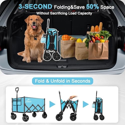 Image of Collapsible Folding Wagon Cart, 350LBS Utility Large Capacity Cart Foldable Wagon with All Terrain Wheels, Grocery Wagons Carts for Garden Shopping Sports Camping, Light Blue