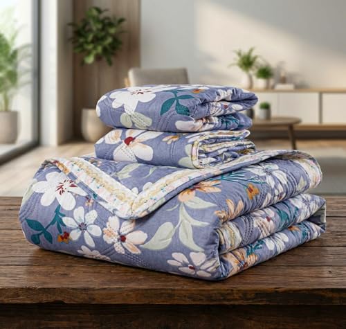 Image of BSB HOME All-Weather Embroidered Ultrasonic Quilted Thread Free 3 Pcs Comforter Set with Pillow Shams- Light Weight Bedspread /Duvet /Quilt - Double, 150 GSM | Sky Blue & White