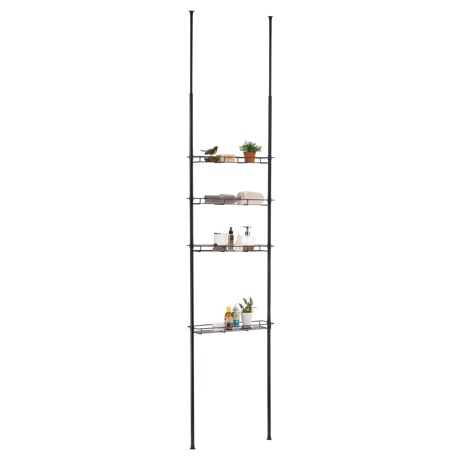 Duschregal Paula, 4 offene Ablagekörbe, schwarz, Teleskopstange höhenverstellbar, ausziehbar bis 280cm. Ideal für Badezimmer ohne Bohren. Inklusive Duschablage Teleskopstange, Teleskopreg