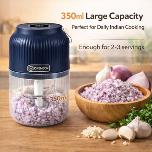 Image of OPENBOX Mini Electric Chopper & USB-C Portable Blender - 350 ml Food Processor, Egg Beater & Coffee /Protein Mixer - Whisk Froth Milk Puree Blend Fruits & Veggies - Rechargeable Kitchen Gadget (Blue)
