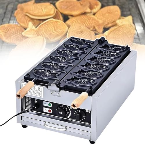 Máquina for hacer gofres de pescado Taiyaki, acero inoxidable, con 6 ranuras for moldes en forma de pez, ajustable a 50-300 ℃, tienda de refrigerios, puesto de comida