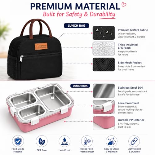 Image of Misamo Enterprise Lunch Box with Insulated Lunch Bag Combo, 3 Compartment Stainless Steel Lunch Box with Spoon & Fork, Leak Proof Food Container for School, Office & Travel (Black Bag+Pink Lunch Box)