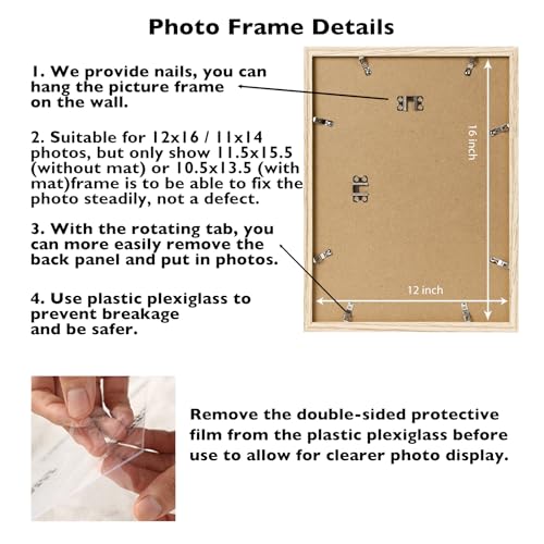 Image of JCJMY 12x16 Picture Frame with 11x14 Mat, Display Photo 11x14 with Mat or 12 x 16 Without Mat, Wall Hanging Large Frame with Plexiglass, Natural