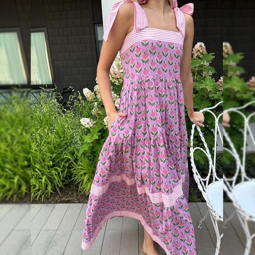 Image of Women Y2k Boho Maxi Dress Tie Shoulder Backless Strappy Tiered Flowy Dress 2024 Summer Floral Beach Sundress