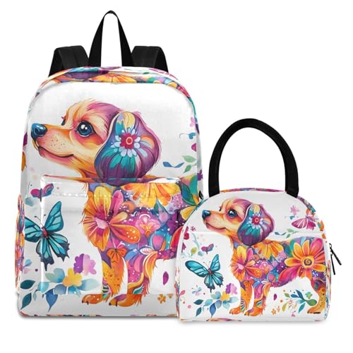 Backpack Lunch Bag Set Floral Dog Print, Big Storage Travel Backpacks with Insulated Lunch Box for Office Hiking Picnic