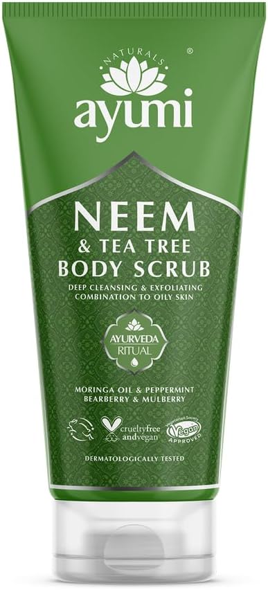 Exfoliating Body Scrub with Neem | Tea Tree Oil Scrub for Oily Skin | Back Acne Treatment with Neem Scrub | Nettle Leaf to Soothe Itching | Body Scrub for Women & Mens Skincare Rituals |200 ml
