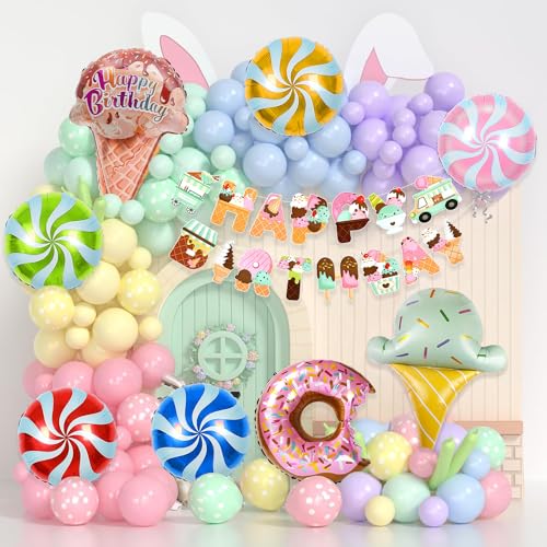 Image of Rozi Decoration Ice Cream Theme Birthday Decoration Kit with Foil Balloons, Candy Balloons, Ice Cream Birthday Theme Decorations, Donut Bday Party Decor (Pack of 76 Pieces)