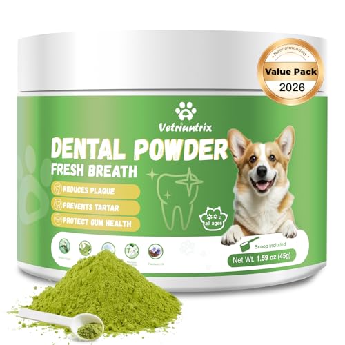 Vetriuntrix Dog Teeth Cleaning Powder, Dental Powder for Dogs Teeth & Tartar Remove & Plaque Off, Breath Freshener for Dogs with Natural Plants Blend and Probiotics, 45g Portable Size