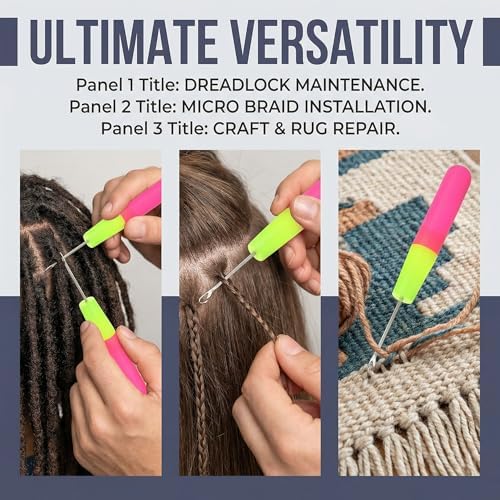 2 Pack Latch Hook Tools, Latch Hook Needle for Micro Braids, Hair Extensions, Feather Installation & Rug Weaving, Ergonomic Handle Crochet Hook Tool Set - 3