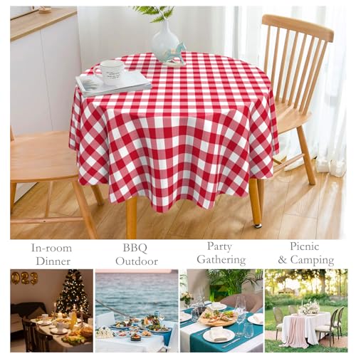 Image of Mulbozy 12 Pack Red Checkered Tablecloth 84 Inches Round Red Gingham Tablecloth, Premium Disposable Plastic Waterproof Table Cover for Outdoor Picnic, Kitchen, Holiday Birthday Party