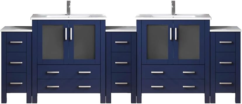 Volez 108 in W x 18.25 in D Navy Blue Double Bath Vanity with Side Cabinets, White Ceramic Top, and Faucet Set