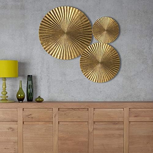 Decorlives Set of 3 Sunburst Metal Wall Art for Home Décor, Decorative Hanging Sculpture, Wall-Mount Decoration for Living Room Bedroom Farm House Cottage, Modern and Antique Combination Figurine | Circular (Gold, L -24 M-18 S-9 in)