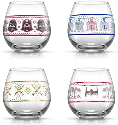 JoyJolt Star Wars™ Ugly Sweater Stemless Glasses. Set of 4 Large 15oz Stemless Glass Drinking Glasses, Star Wars Kitchen Glasses. Star Wars Gifts for Men or Women, Star Wars Collectibles for Adults