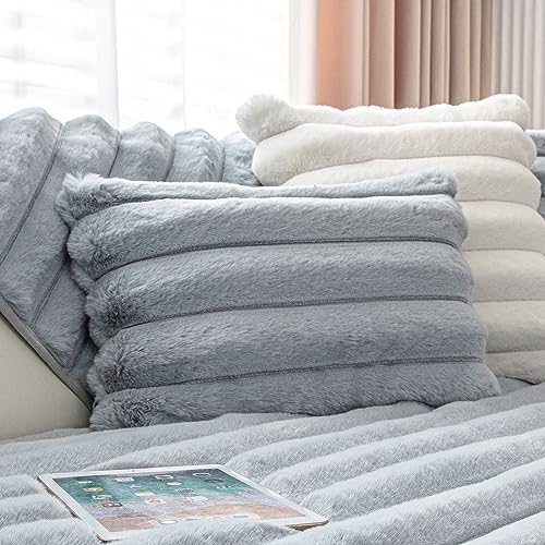 vctops 3D Striped Faux Fur Decorative Throw Pillow Covers Set of 2 Thick Warm Shaggy Cozy Soft Cushion Cover Fuzzy Plush Furry Rectangle Pillow Covers (Greyish Blue,12"x20")