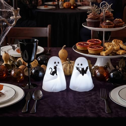 Image of Halloween Ghost Flameless Real Wax Candles Battery Operated with Timer | White, 3D Wick Flickering, 6H Timer, LED Light, Bat & Cat Ghost Halloween Decor & Gift, 3.3 inch x 4.3 inch, 2 pack