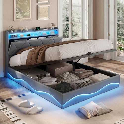 LIVLUX Lit Coffre 160x200 cm avec Éclairage LED et Port USB,Lit 2 Personnes avec Rangement Hydraulique, lit Double Rembourré pour Adultes et Adolescents...