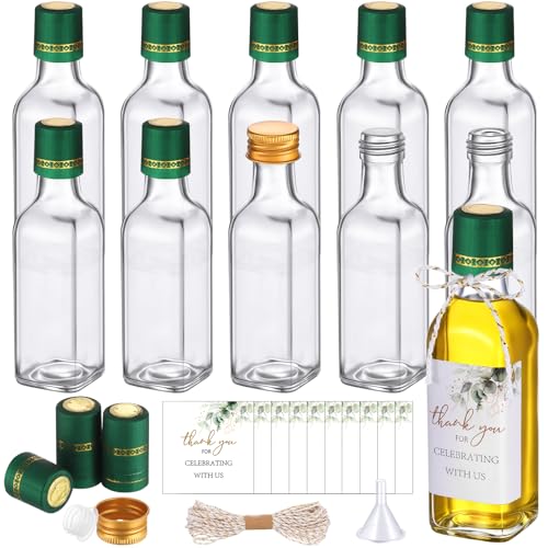 Reallnaive 10 Pack 3 oz Mini Glass Olive Oil Bottles, Leakproof Cap, Green