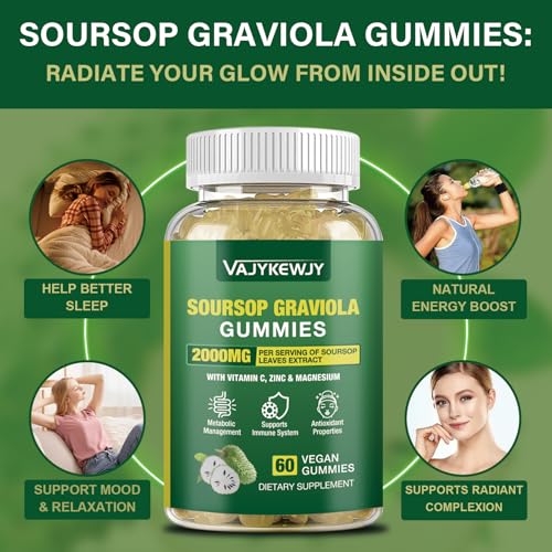 VAJYKEWJY Soursop Graviola Gummies - 2000mg Extra Strength Soursop Leaves Extract, Vitamin C, Zinc & Whole Natural Food for Immunity, Vegan, 60 Gummies