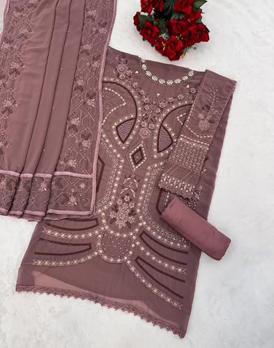 Image of RUDRAPRAYAG Women's Georgette Fabric Wih Embroidered Sequence Work And On Neck Moti Hand Work Semi Stitched Sharara Salwar Suit With Dupatta Set