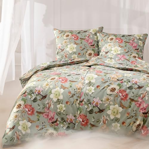 ESTELLA Traumstoff Mako Satin Bettwäsche Set - Bettgarnitur aus 100% Baumwolle - Hochwertig und Elegant - 155x200 cm + 80x80 cm - Design: Juno