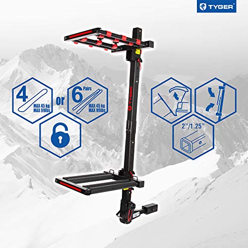 image for Tyger Auto TG-RK1B707B Folding Hitch-Mounted Ski/Snowboard Rack Fits 2