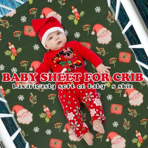 Image of Cloele Christmas Santa Crib Fitted Sheet for Boys Girls - Green Baby Nursery Sheet Cozy Bed Sheet for Standard Crib and Toddler Mattresses Crib Mattress Infant Sheet