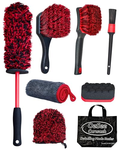 oesee 8PCS Wheel Cleaning Kit with Microfiber Brush & Rubber Grip Tire Brush Twist Loop Drying Towel Detailing Brush Applicator for Car Rim and Tire Care