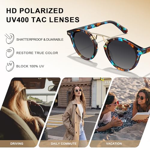 Image of CARFIA Double Bridge Small Acetate Sunglasses for Women Polarized, Retro Metal Brow Ladies Sunnies Fashion Round Eyewears