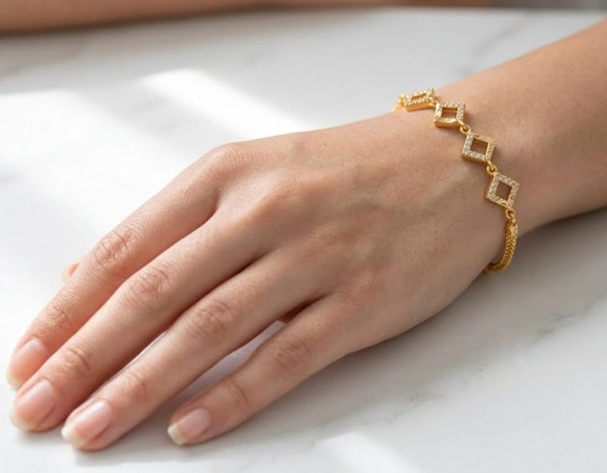 Women's Geometric Golden CZ Bracelet, Brass Copper Alloy