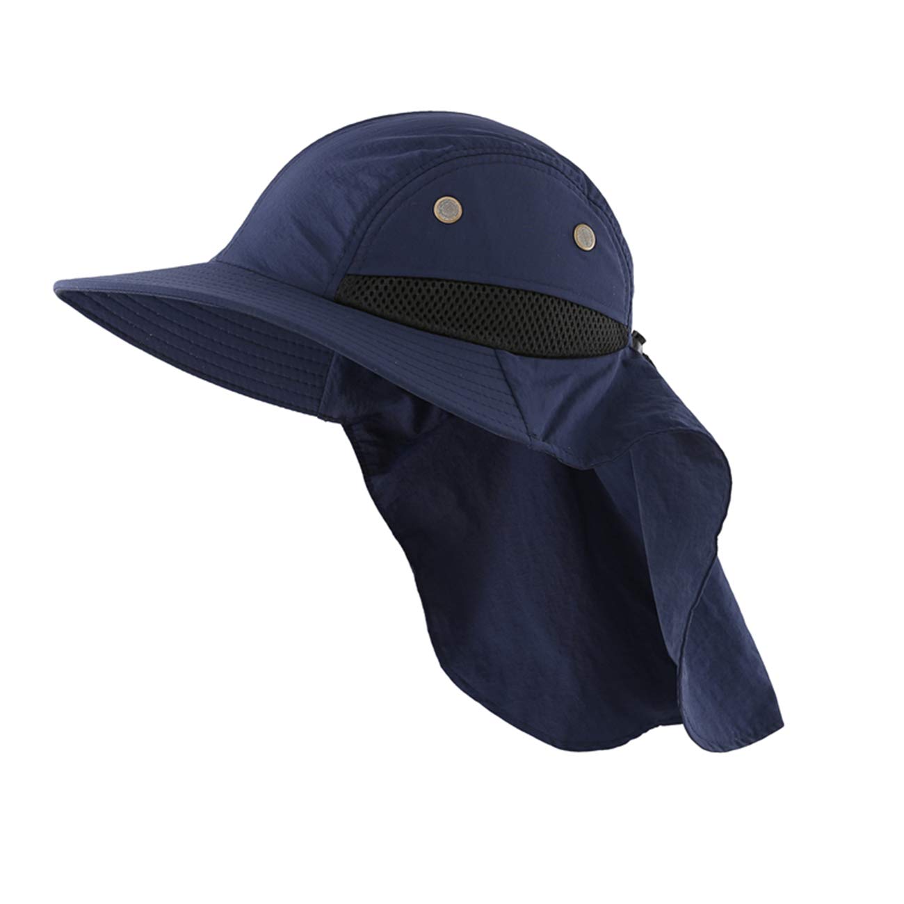 LLmoway Mens Outdoor Sun Protection Cap Wide Brim Breathable Mesh Fishing Hat with Neck Flap Navy