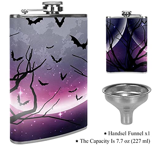 Small Flask For Liquor For Women Leakproof Hip Flask Leather Wrap With Funnel Discrete Shot Drinking Of Alcohol Gift For Men Halloween Night Sky Bat #TOP2